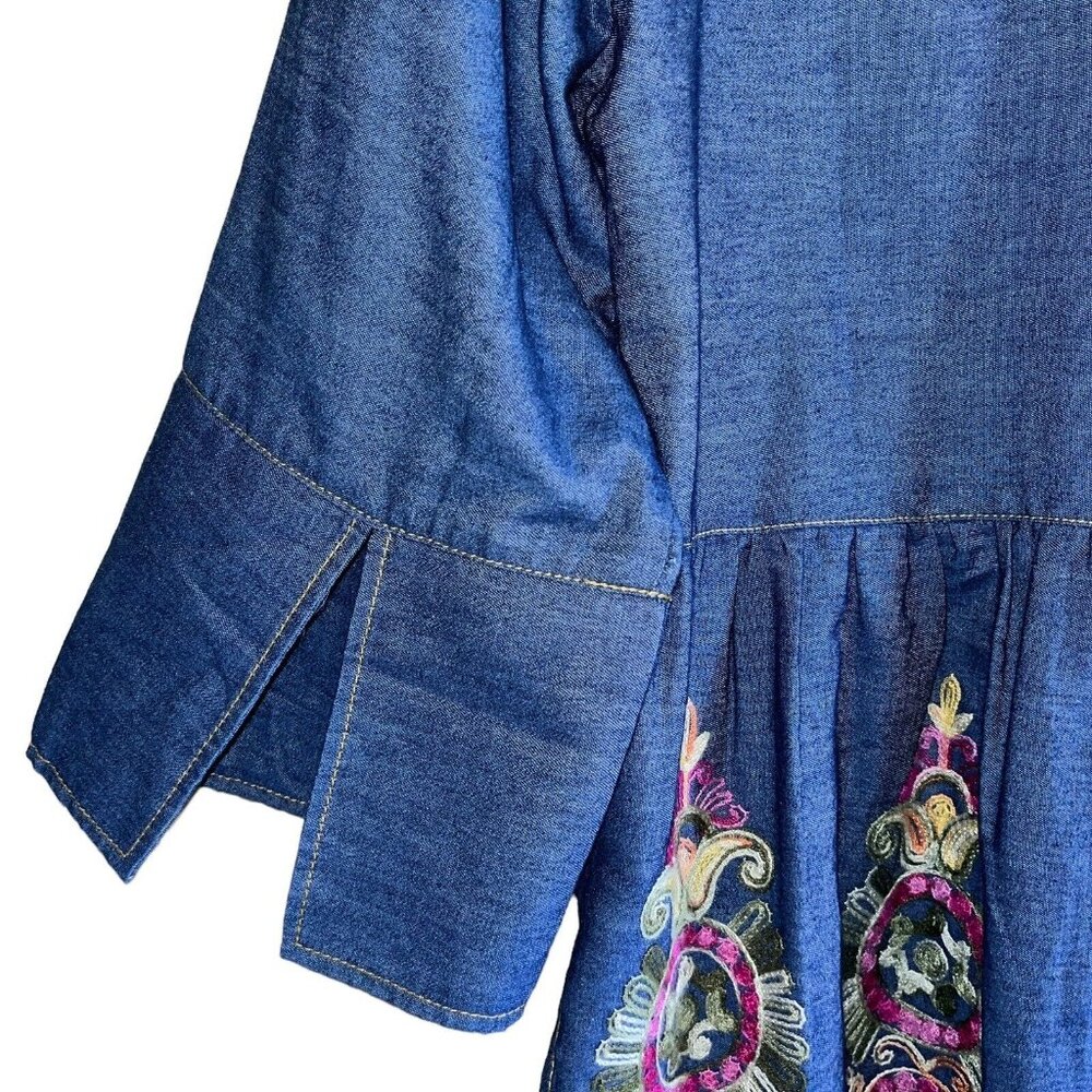 Anthropologie Uncle Frank Blue Denim Embroidered BOHO Split Neck Peasant Top SM - Picture 10 of 13